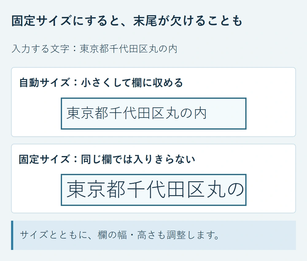 同じ長さの入力欄で、自動サイズなら小さく収まり、固定サイズでは末尾が隠れる例